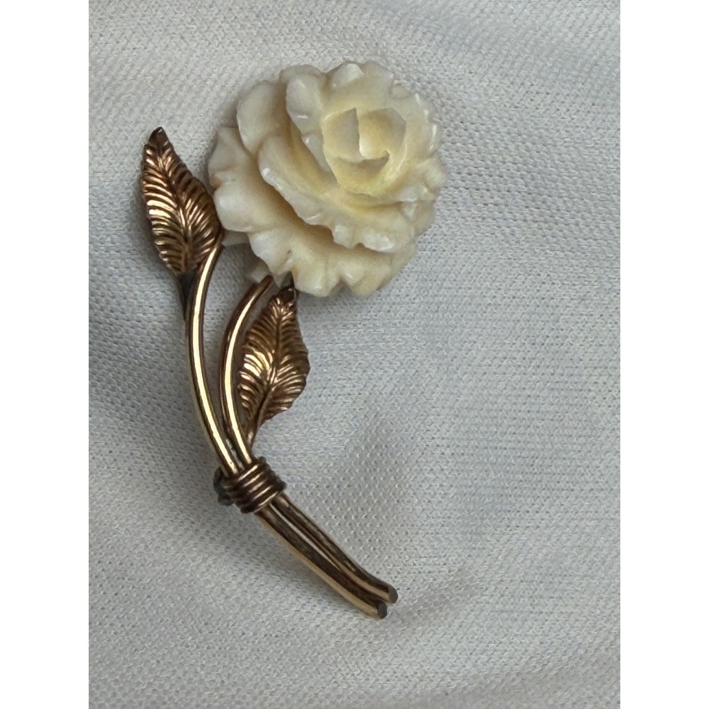 Vintage  Rose Brooch Gold Tone Carved Faux Bone Flower Pin Accessory